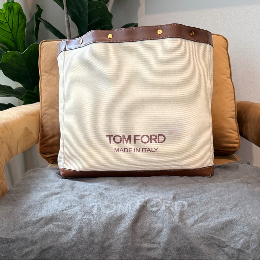 Tom Ford T screw shopper leather-trimmed canvas tote